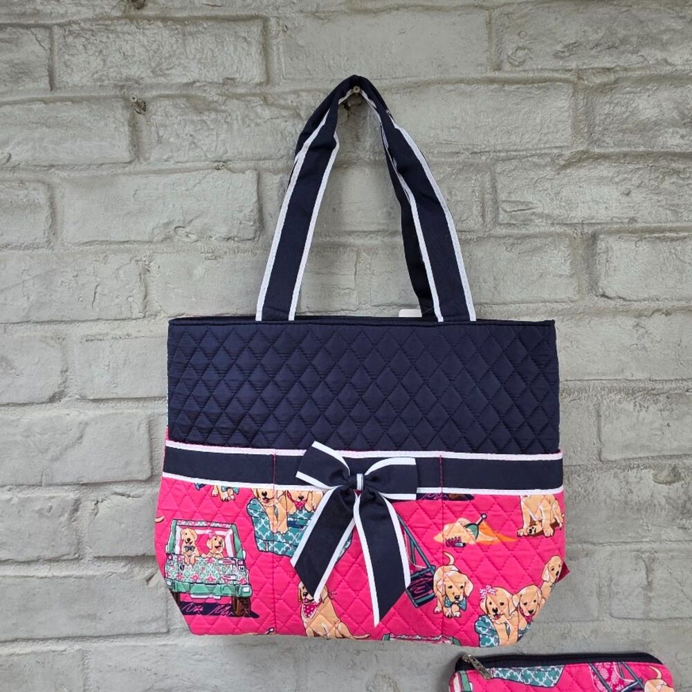 N.Gil Quilted Tote Bag Set Pink Golden Retriever Puppy Dog Print 3 Piece NWT